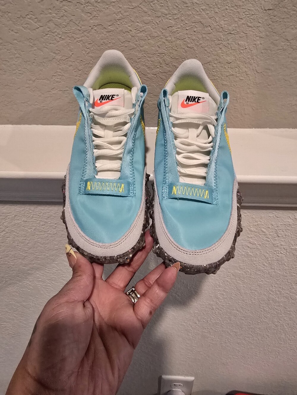 Nike Womens Waffle Light Blue and White Low-Top Sneakers with Yellow Accent